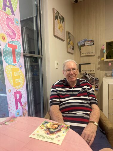 Resident Jim smiling at Seabrae Manor aged care
